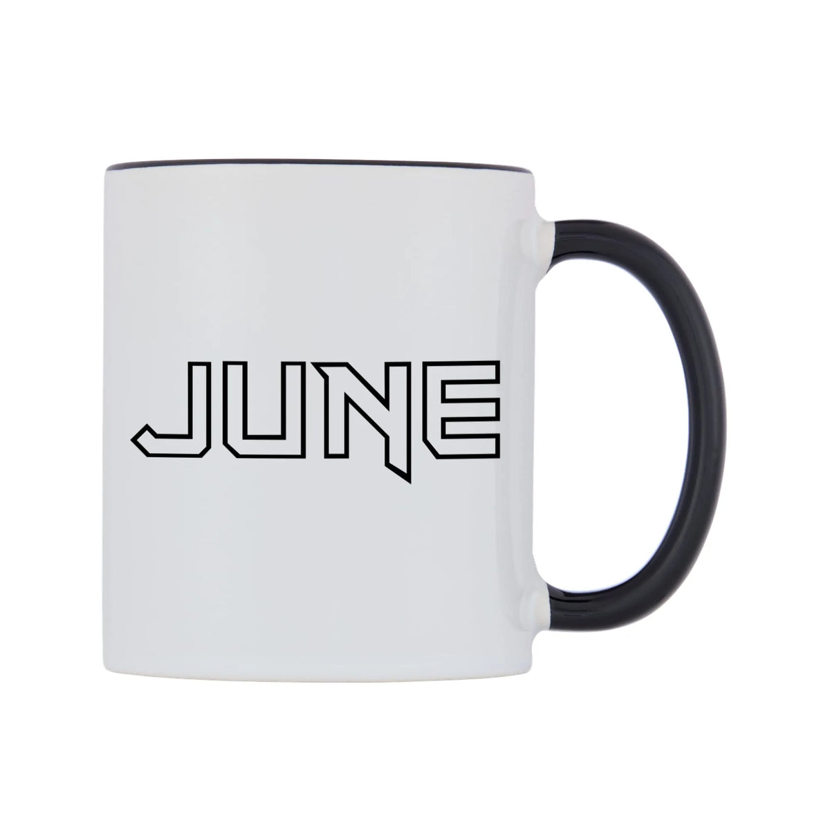 June - Iron Maiden Themed Mug — white 11oz gloss mug with a black inside and handle, left side, on a white background