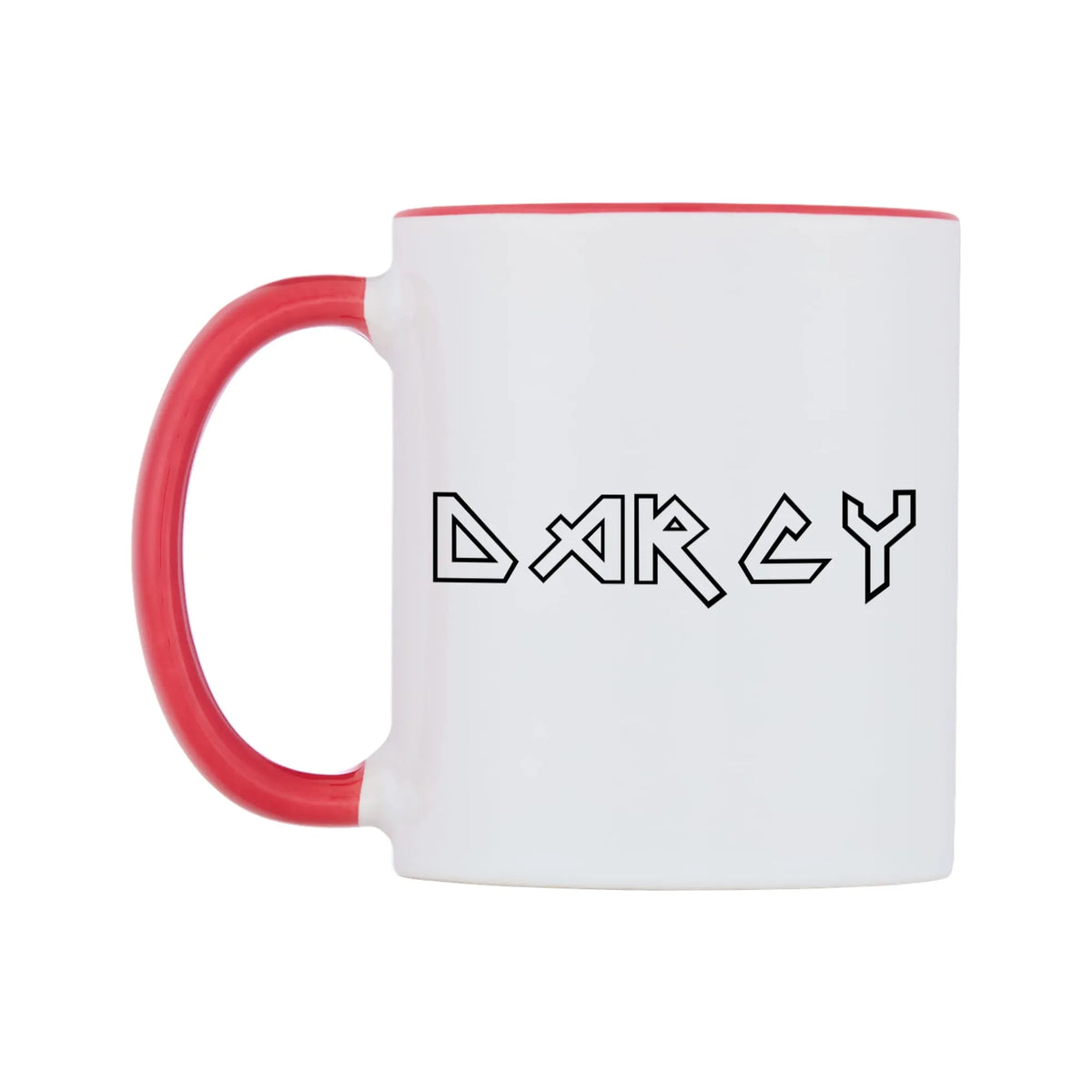 Darcy - Iron Maiden Themed Mug — white 11oz gloss mug with a red inside and handle, right side, on a white background