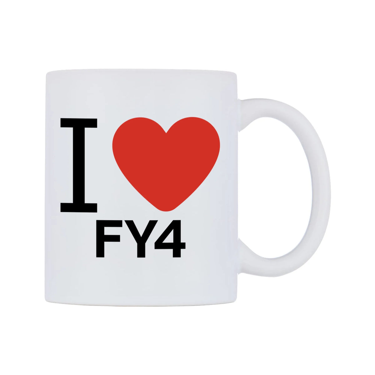 I Love FY4 Mug — white 11oz gloss mug, left side, on a white background