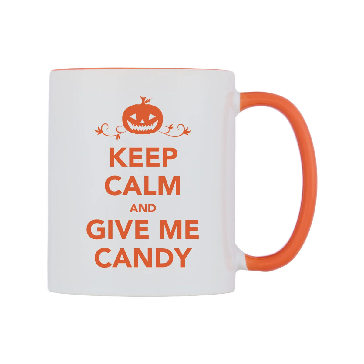 Keep Calm And Give Me Candy Mug — white 11oz gloss mug with a orange inside and handle, left side, on a white background