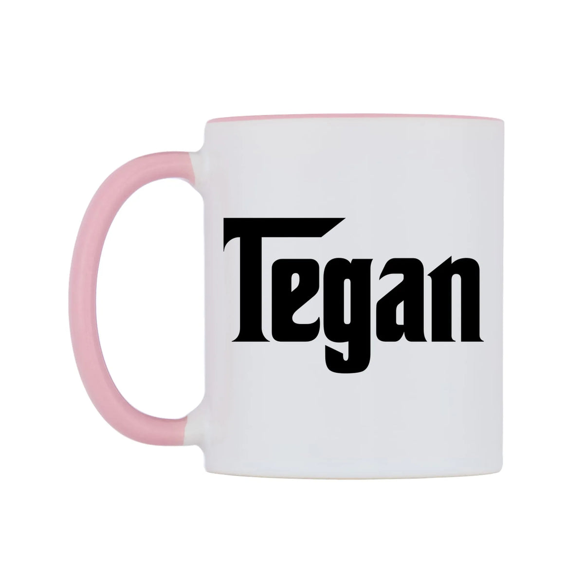 Tegan - Godfather Themed Mug — white 11oz gloss mug with a pink inside and handle, right side, on a white background