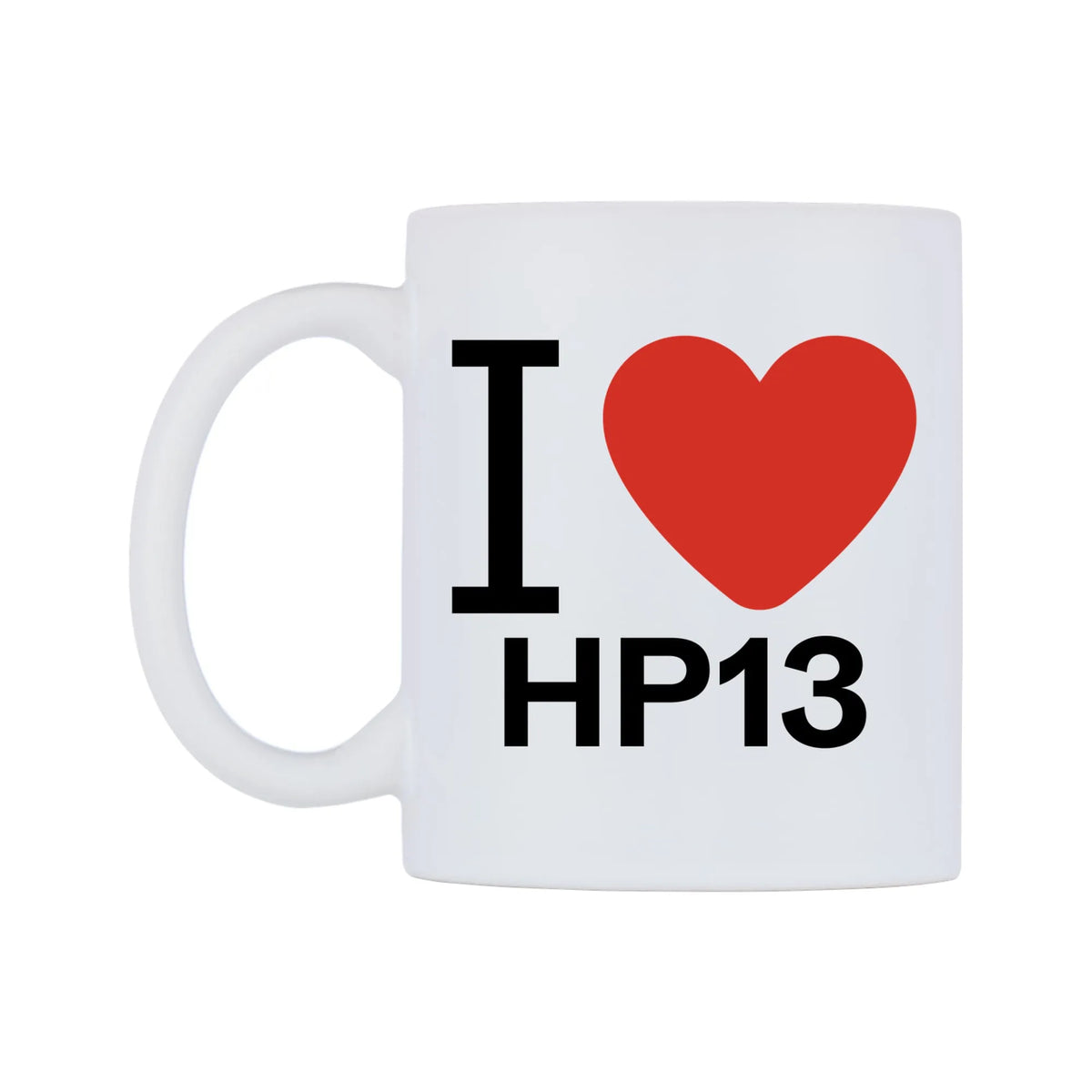 I Love HP13 Mug — white 11oz gloss mug, right side, on a white background