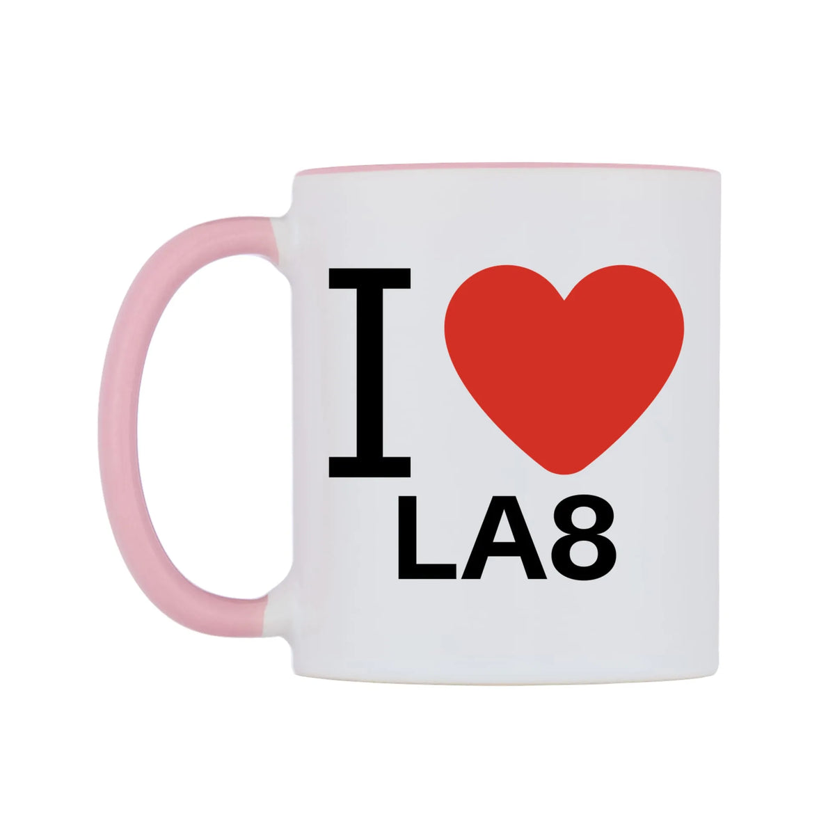 I Love LA8 Mug — white 11oz gloss mug with a pink inside and handle, right side, on a white background