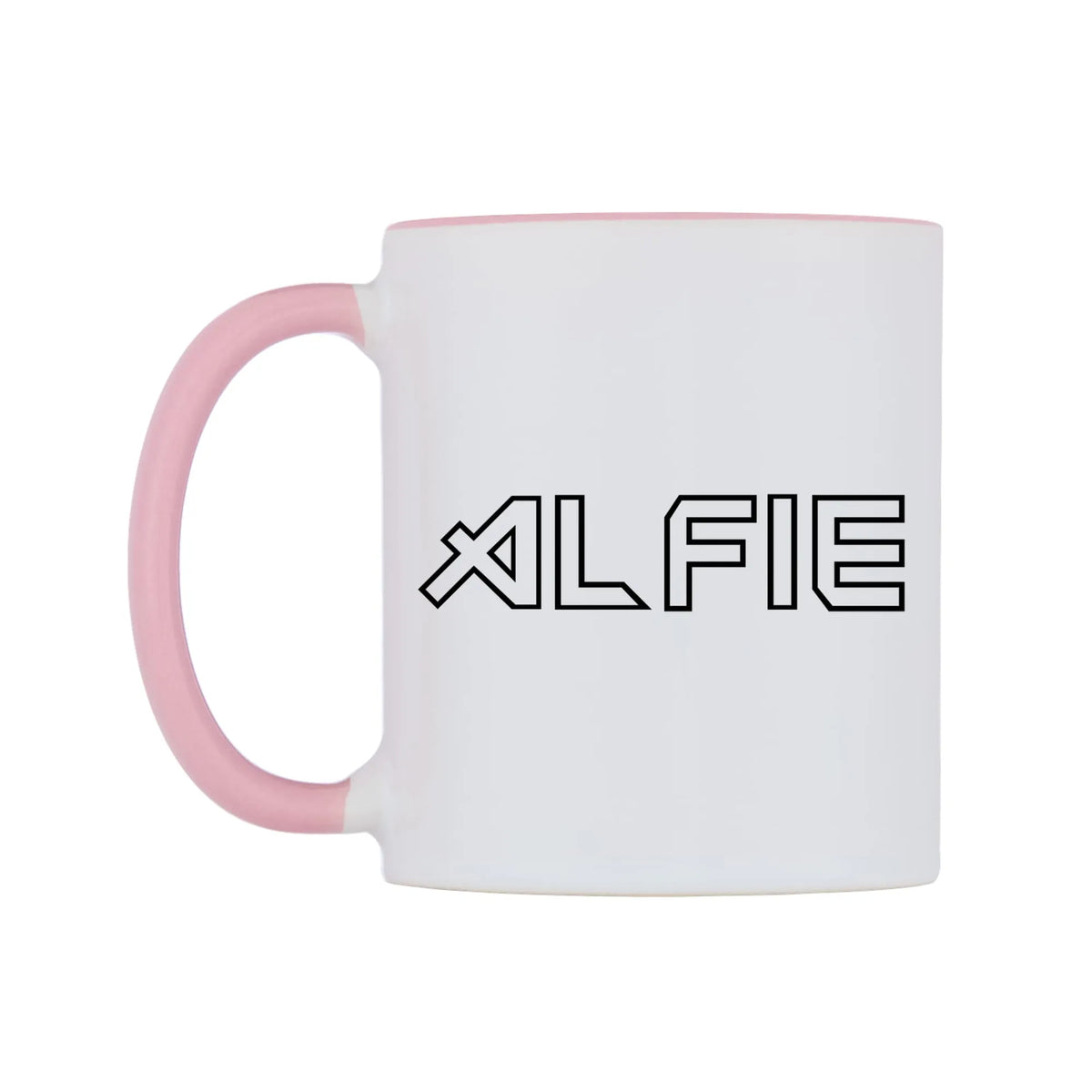 Alfie - Iron Maiden Themed Mug — white 11oz gloss mug with a pink inside and handle, right side, on a white background