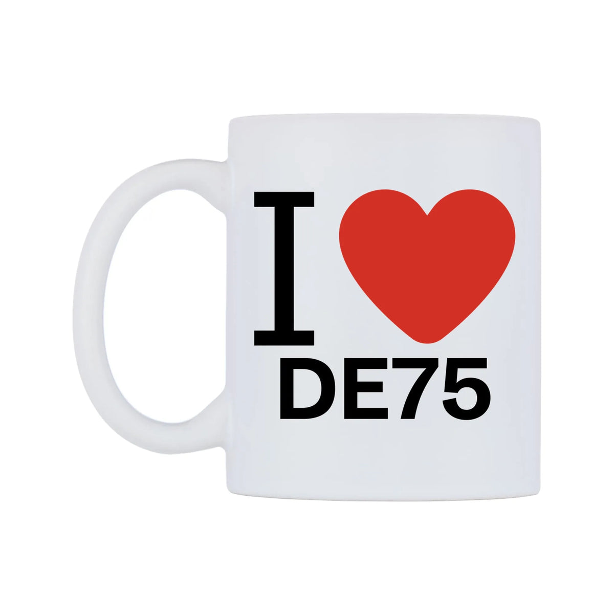 I Love DE75 Mug — white 11oz gloss mug, right side, on a white background