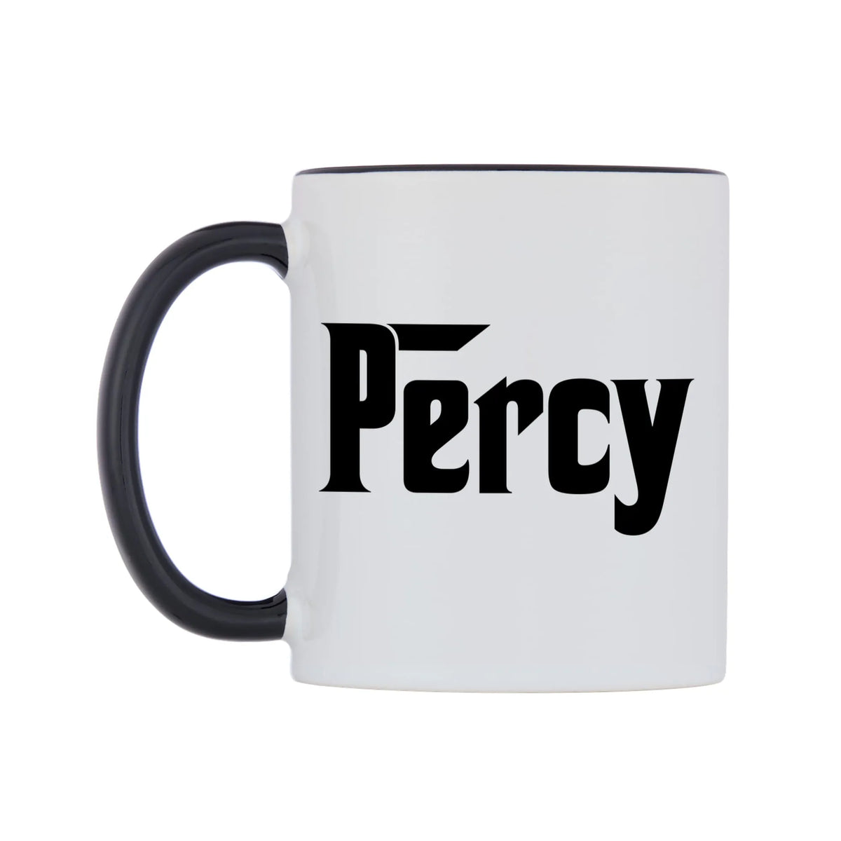 Percy - Godfather Themed Mug — white 11oz gloss mug with a black inside and handle, right side, on a white background