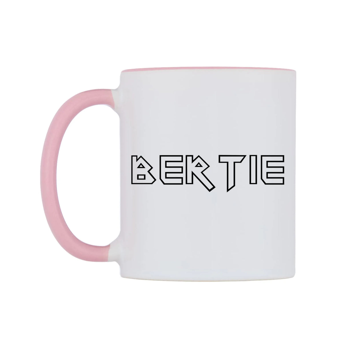 Bertie - Iron Maiden Themed Mug — white 11oz gloss mug with a pink inside and handle, right side, on a white background
