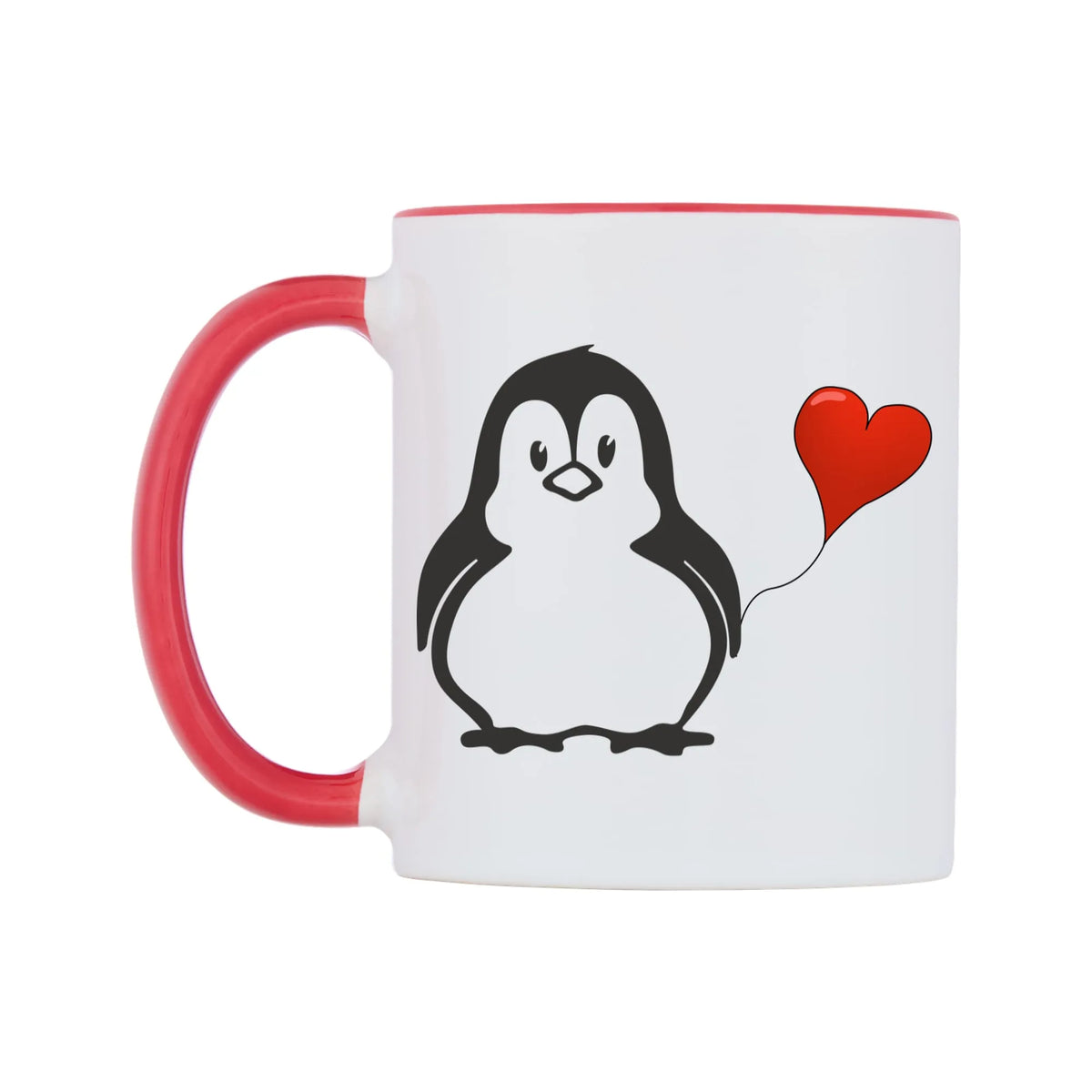 Love Heart Penguin Mug — white 11oz gloss mug with a red inside and handle, right side, on a white background