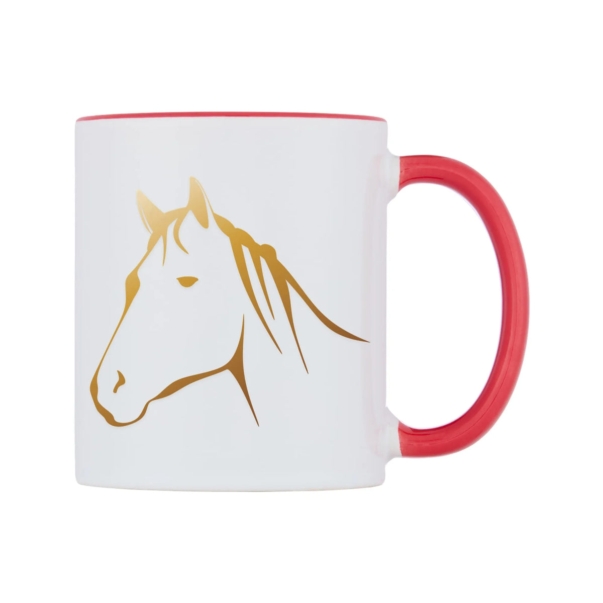Golden Horse Mug — white 11oz gloss mug with a red inside and handle, left side, on a white background