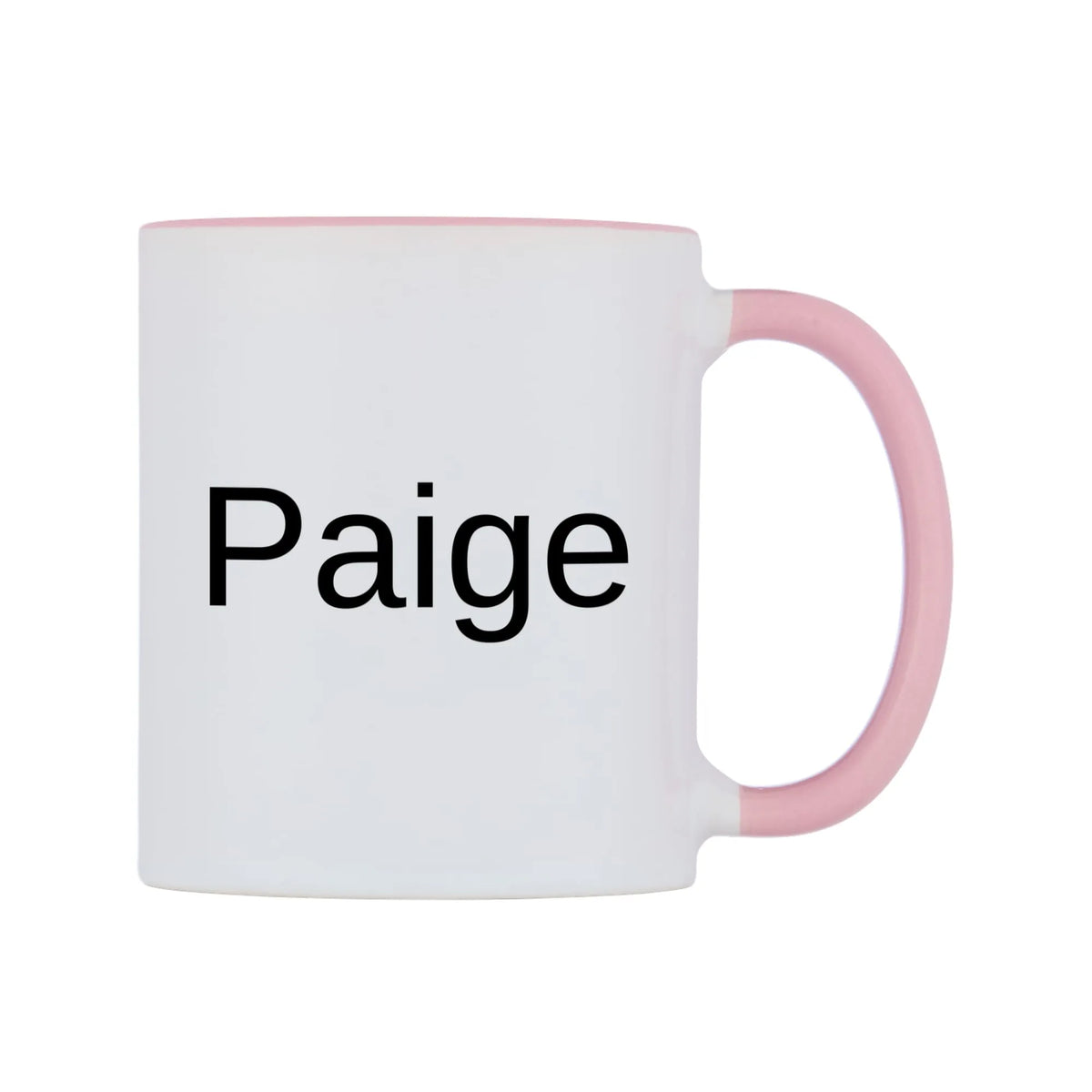 Paige Mug — white 11oz gloss mug with a pink inside and handle, left side, on a white background