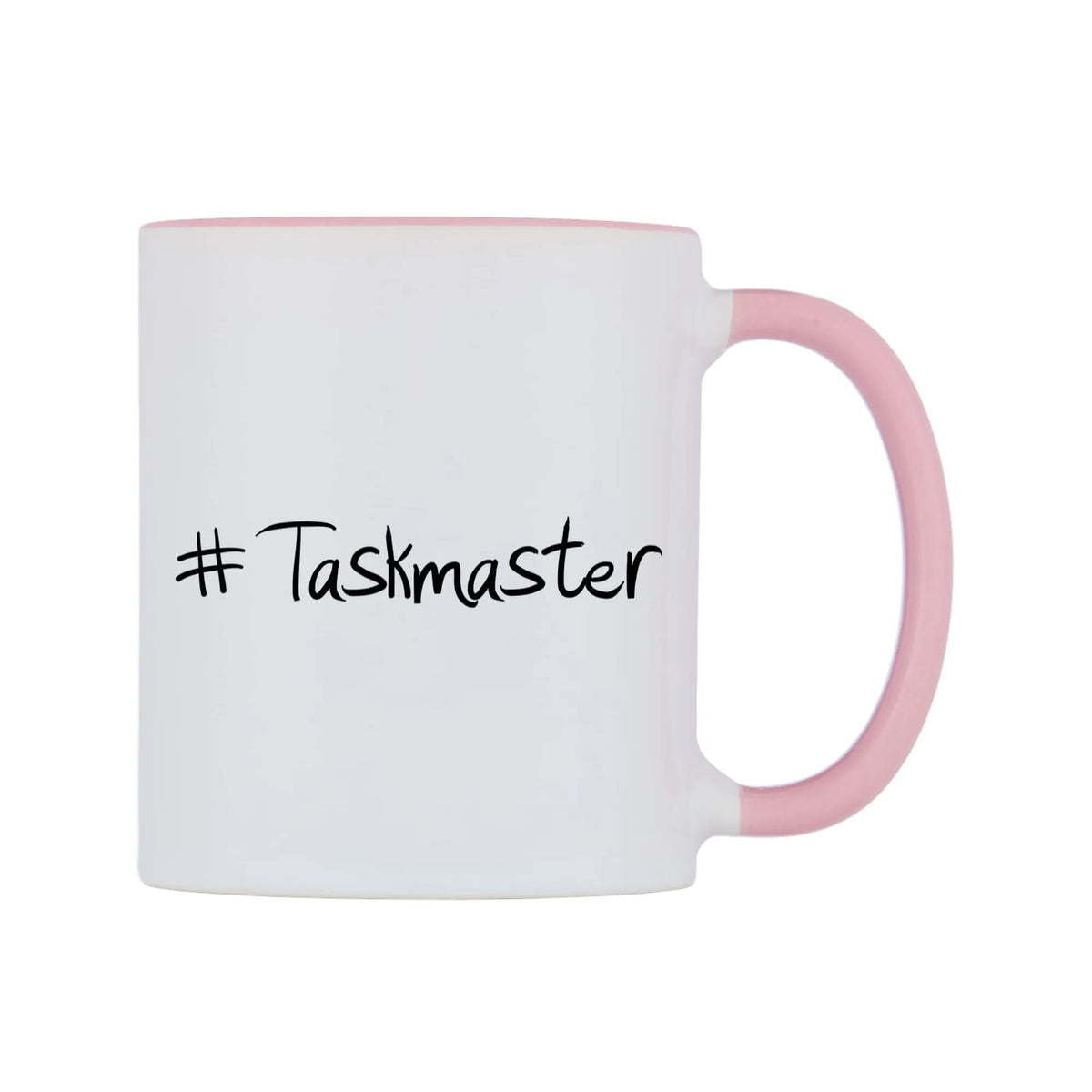 Taskmaster Mug — white 11oz gloss mug with a pink inside and handle, left side, on a white background