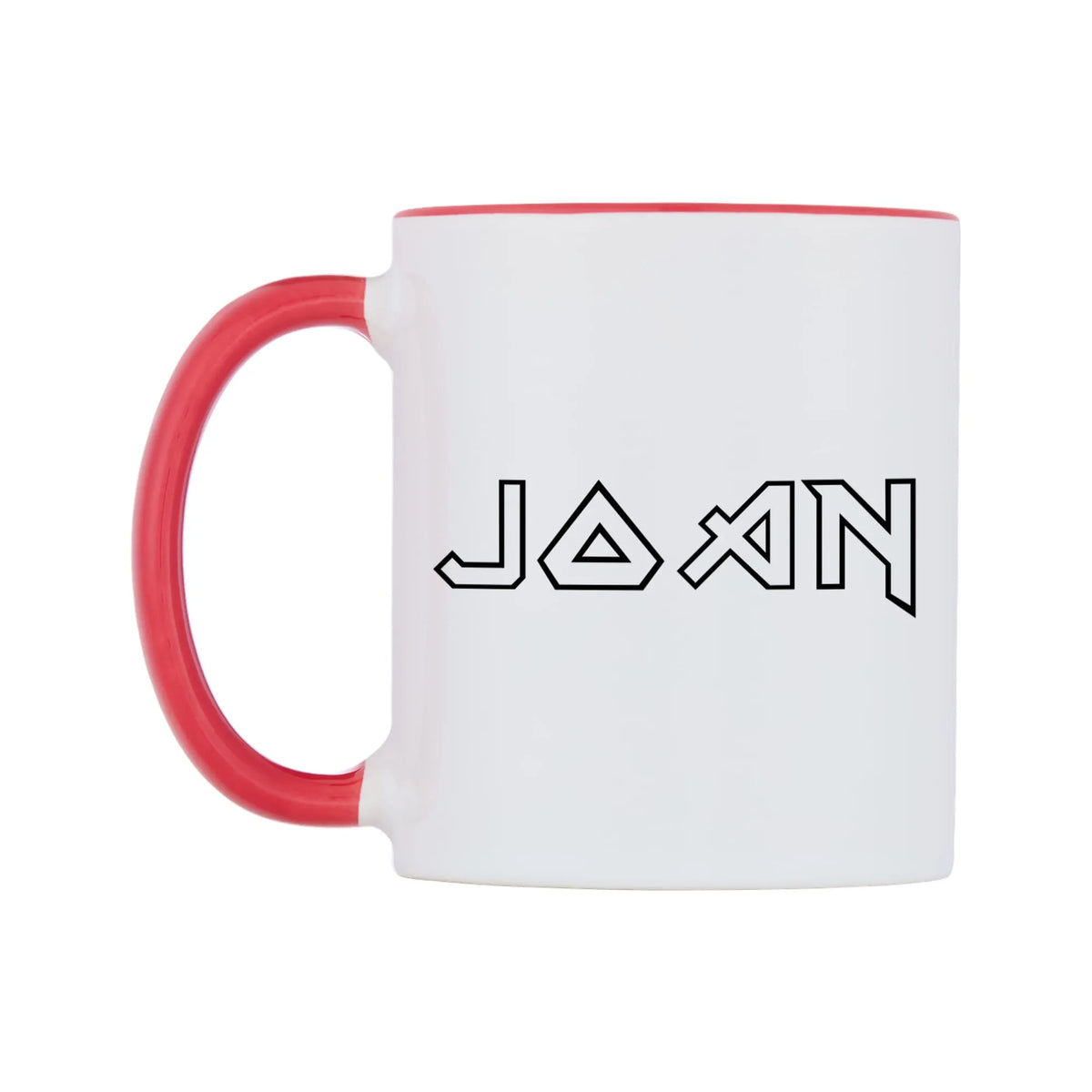 Joan - Iron Maiden Themed Mug — white 11oz gloss mug with a red inside and handle, right side, on a white background