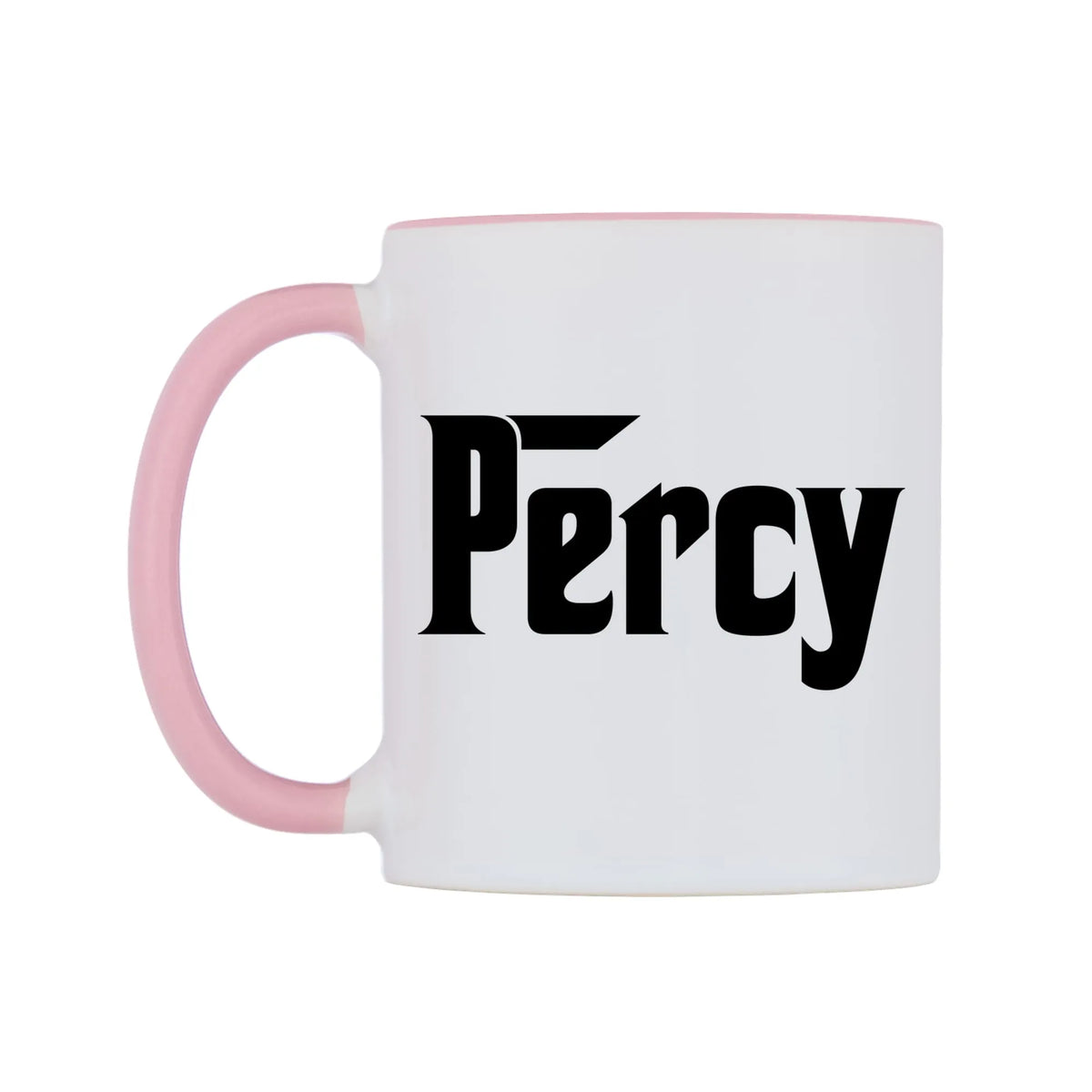 Percy - Godfather Themed Mug — white 11oz gloss mug with a pink inside and handle, right side, on a white background