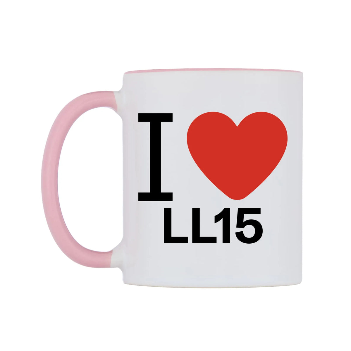 I Love LL15 Mug — white 11oz gloss mug with a pink inside and handle, right side, on a white background