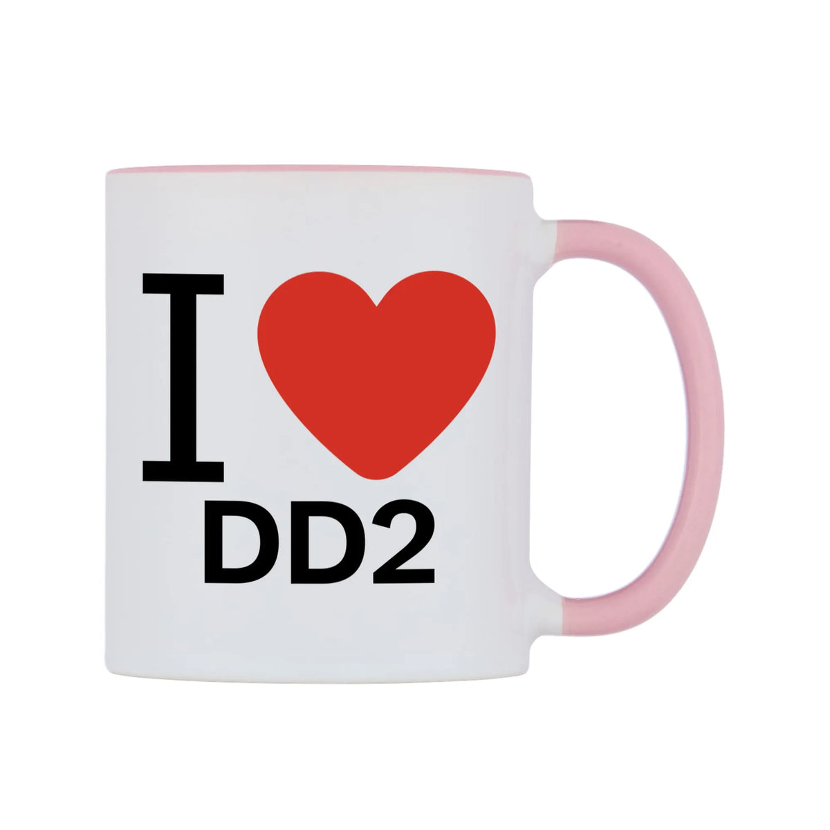 I Love DD2 Mug — white 11oz gloss mug with a pink inside and handle, left side, on a white background