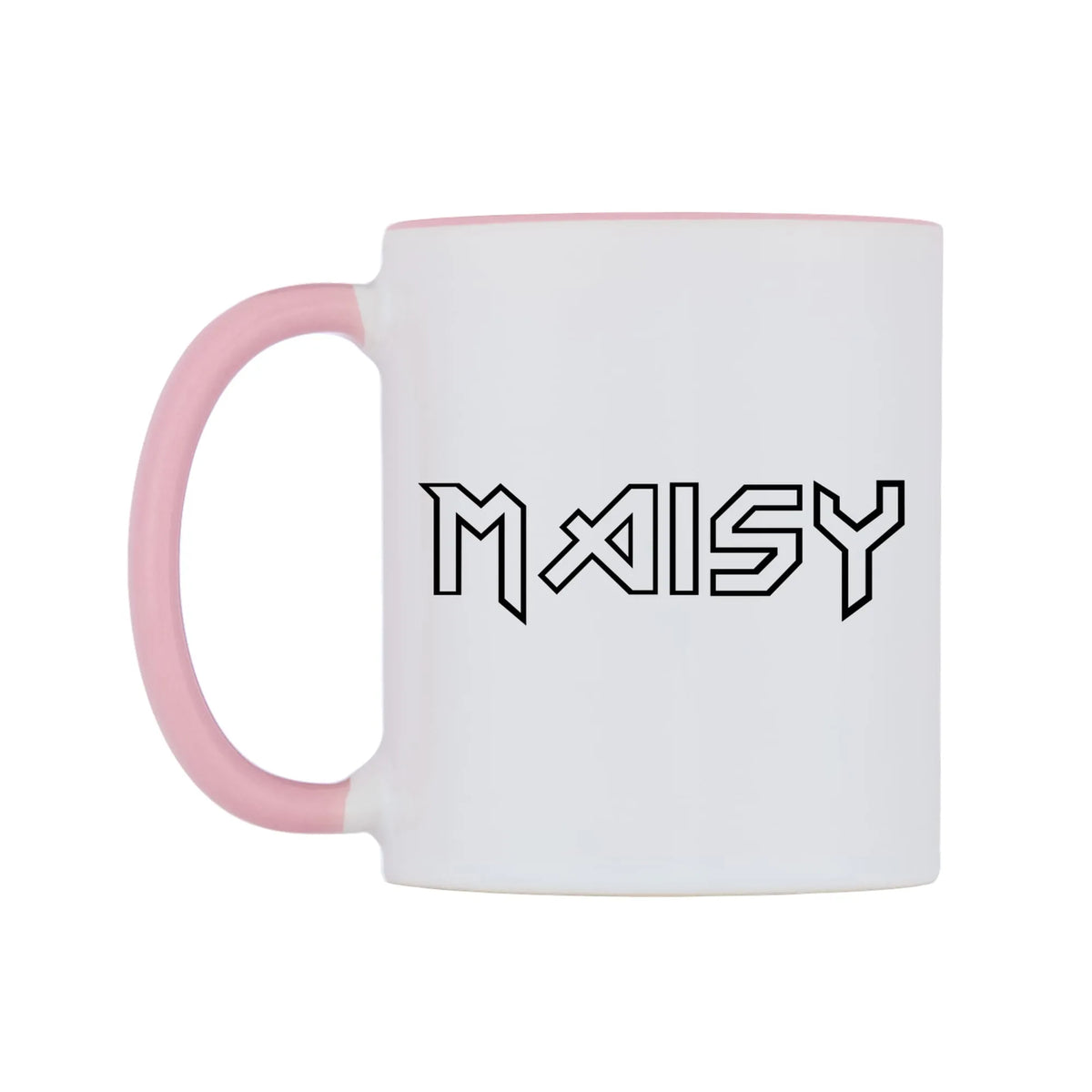 Maisy - Iron Maiden Themed Mug — white 11oz gloss mug with a pink inside and handle, right side, on a white background