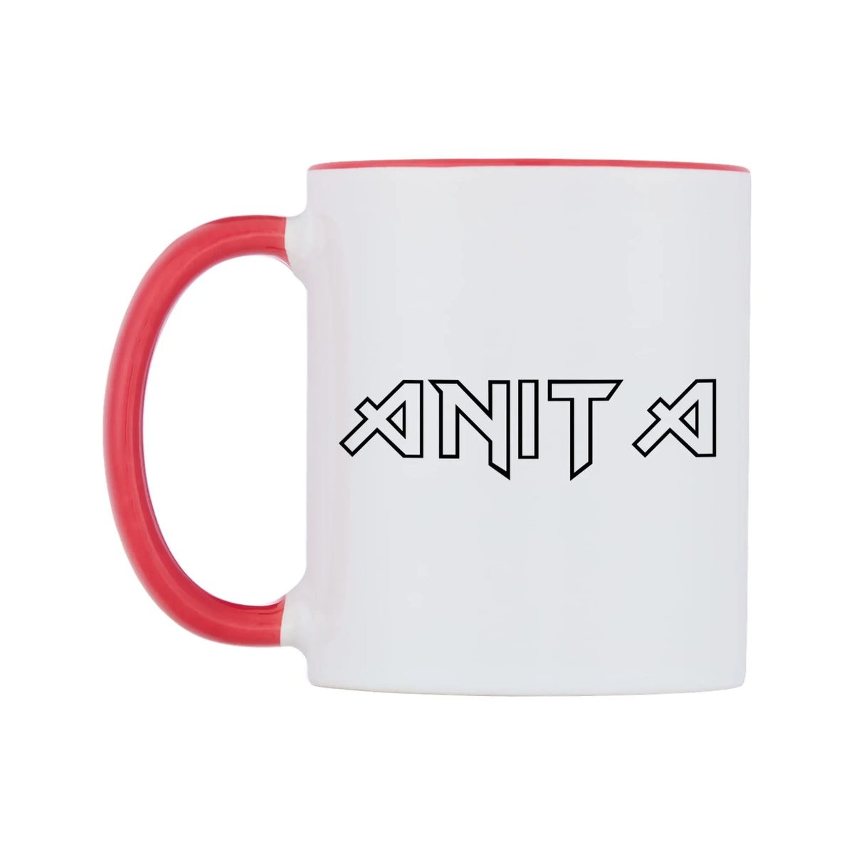 Anita - Iron Maiden Themed Mug — white 11oz gloss mug with a red inside and handle, right side, on a white background