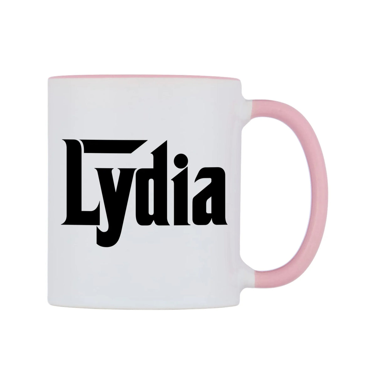 Lydia - Godfather Themed Mug — white 11oz gloss mug with a pink inside and handle, left side, on a white background