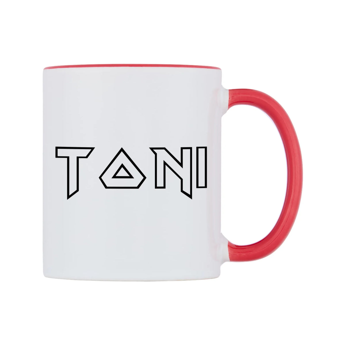Toni - Iron Maiden Themed Mug — white 11oz gloss mug with a red inside and handle, left side, on a white background