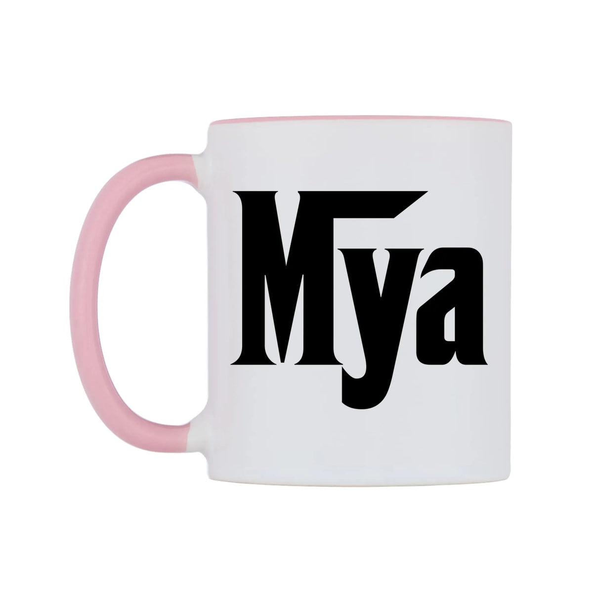 Mya - Godfather Themed Mug — white 11oz gloss mug with a pink inside and handle, right side, on a white background