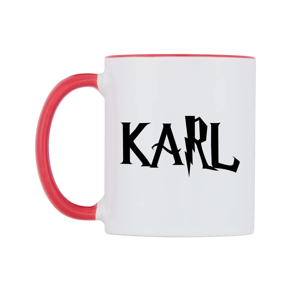 Karl - Wizard Themed Mug — white 11oz gloss mug with a red inside and handle, right side, on a white background