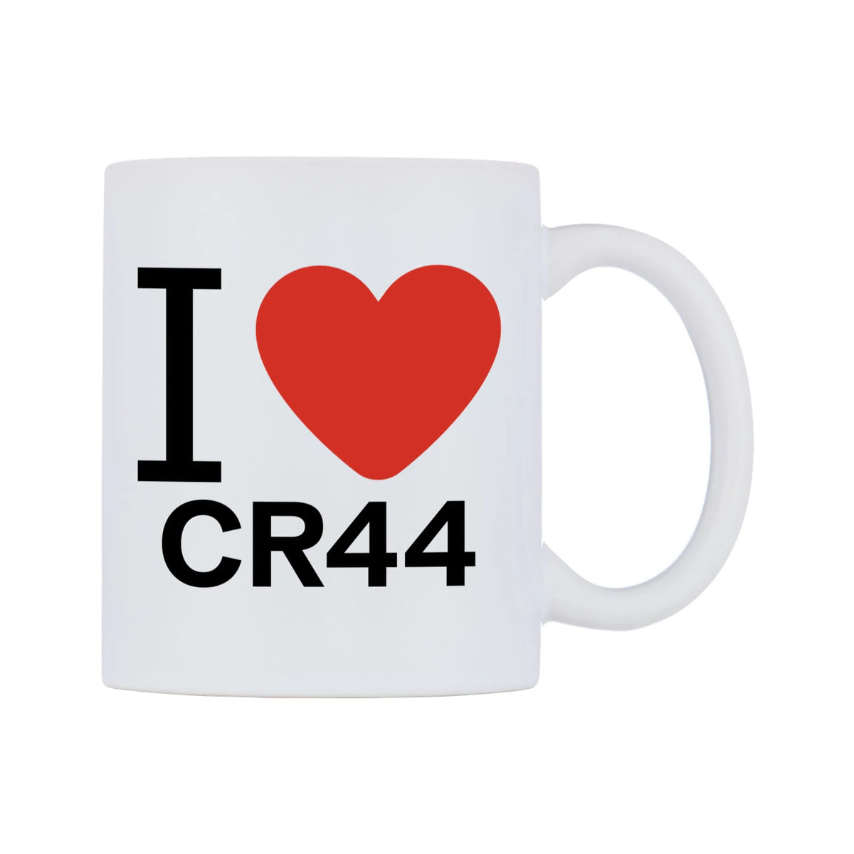 I Love CR44 Mug — white 11oz gloss mug, left side, on a white background