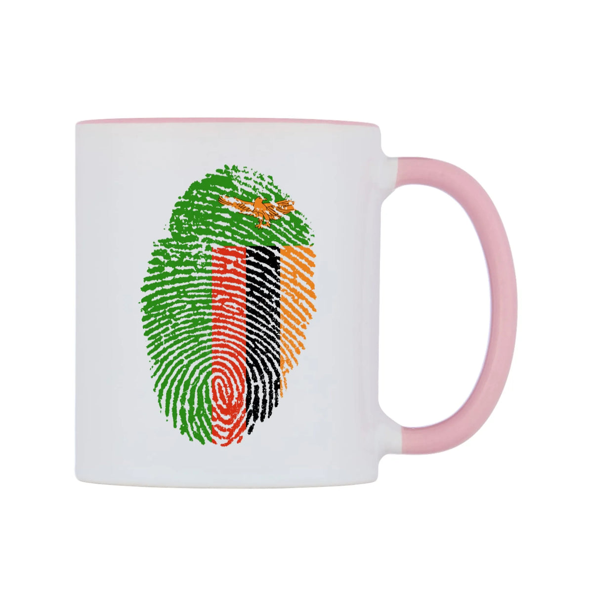 Zambia Finger Print Flag Mug — white 11oz gloss mug with a pink inside and handle, left side, on a white background