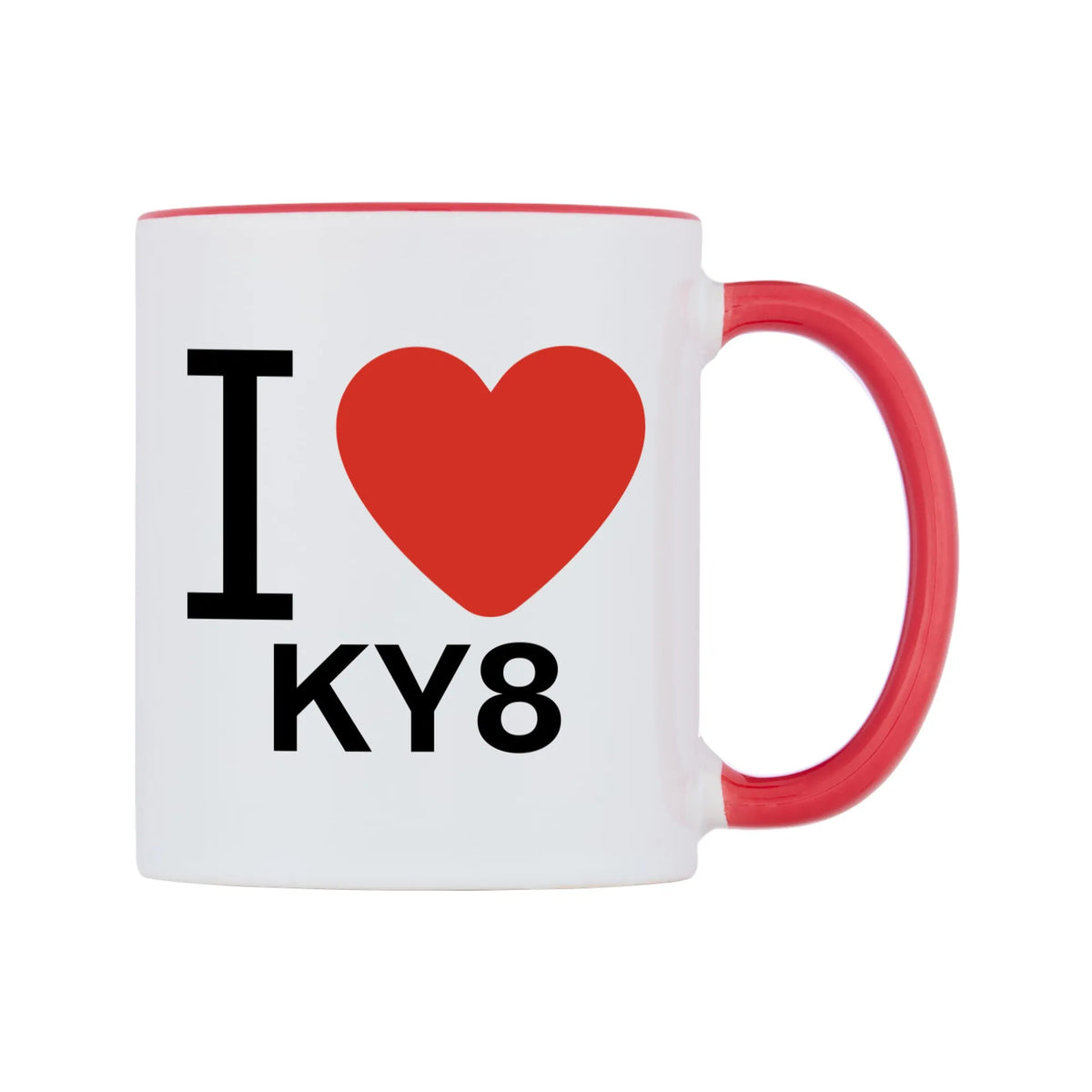 I Love KY8 Mug — white 11oz gloss mug with a red inside and handle, left side, on a white background