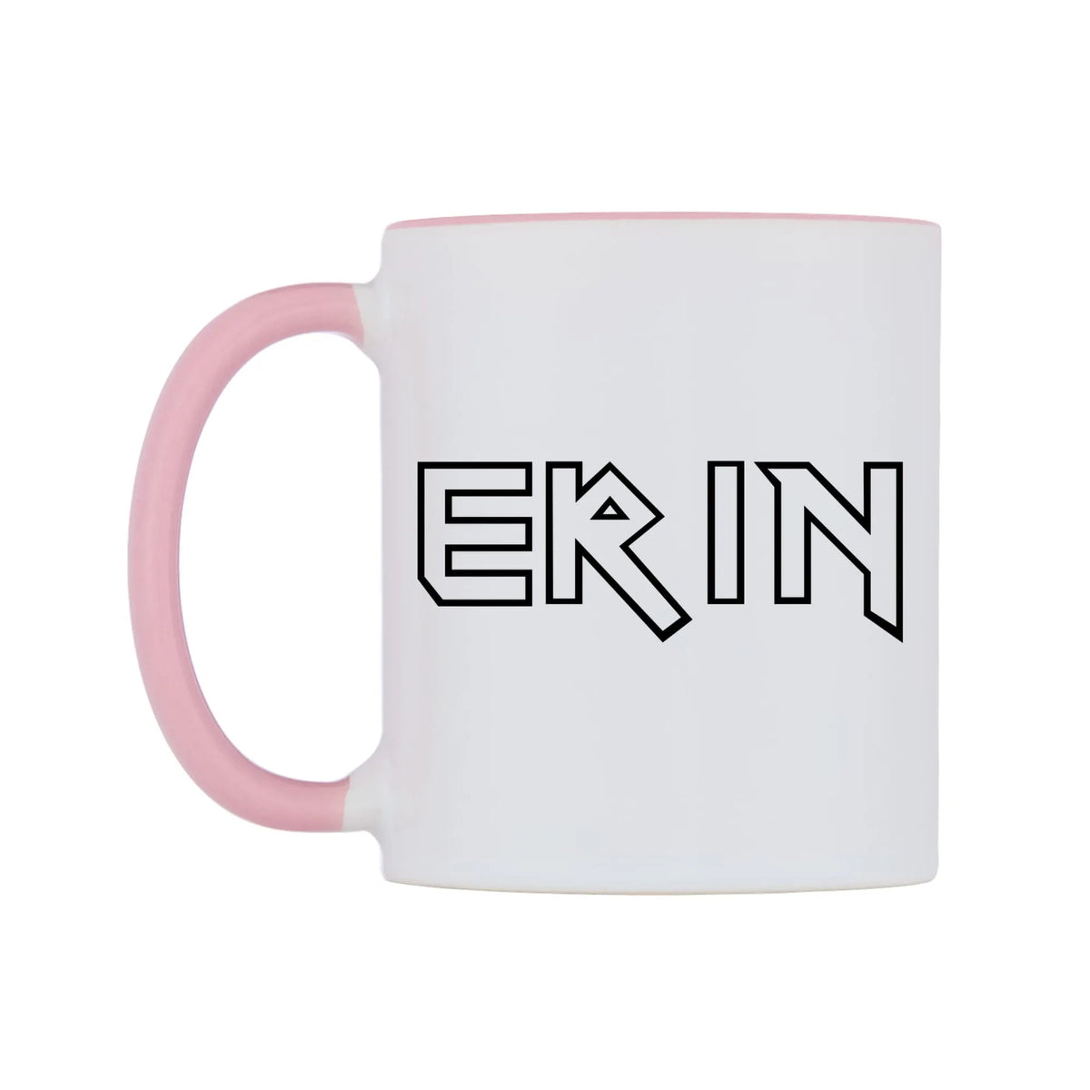 Erin - Iron Maiden Themed Mug — white 11oz gloss mug with a pink inside and handle, right side, on a white background