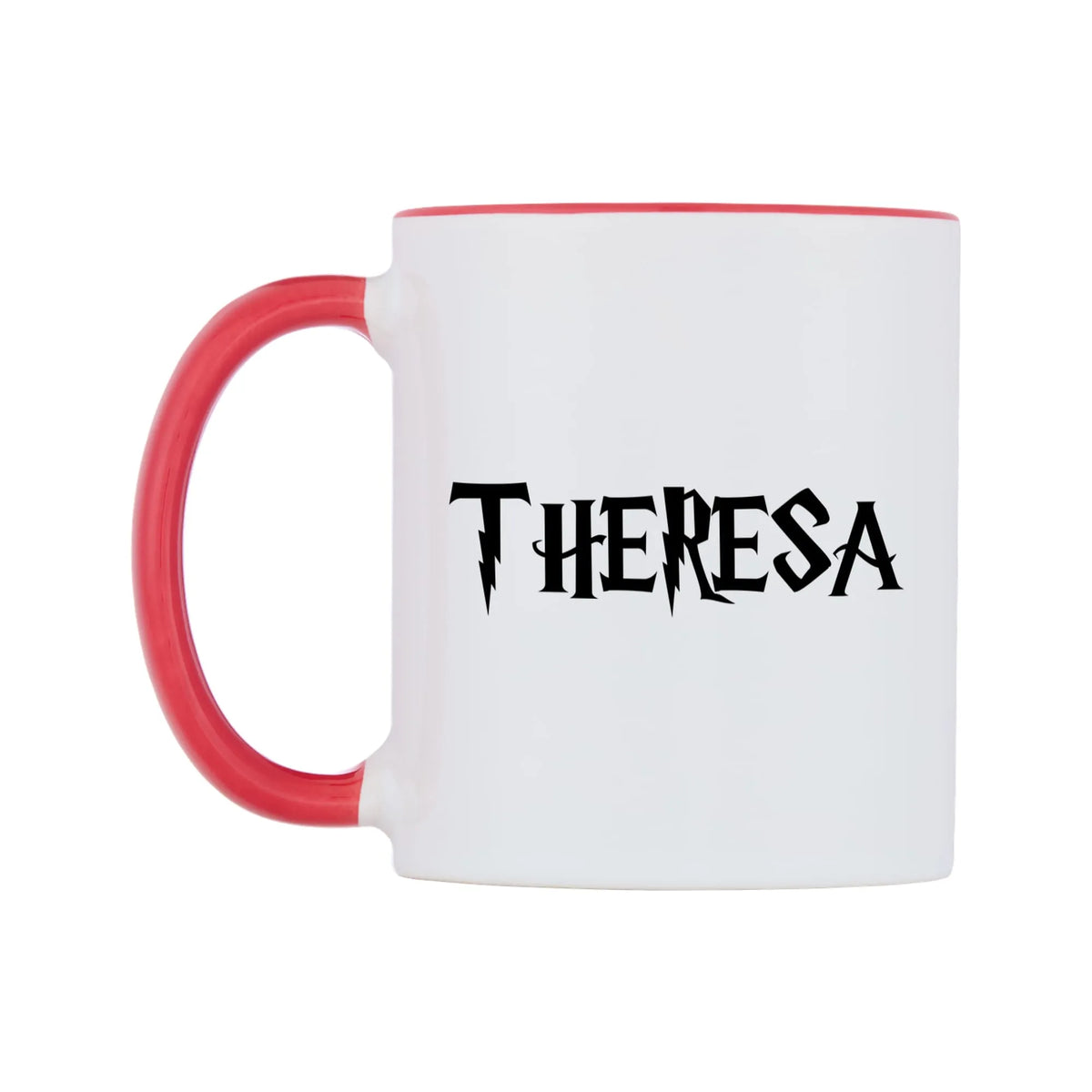 Theresa - Wizard Themed Mug — white 11oz gloss mug with a red inside and handle, right side, on a white background
