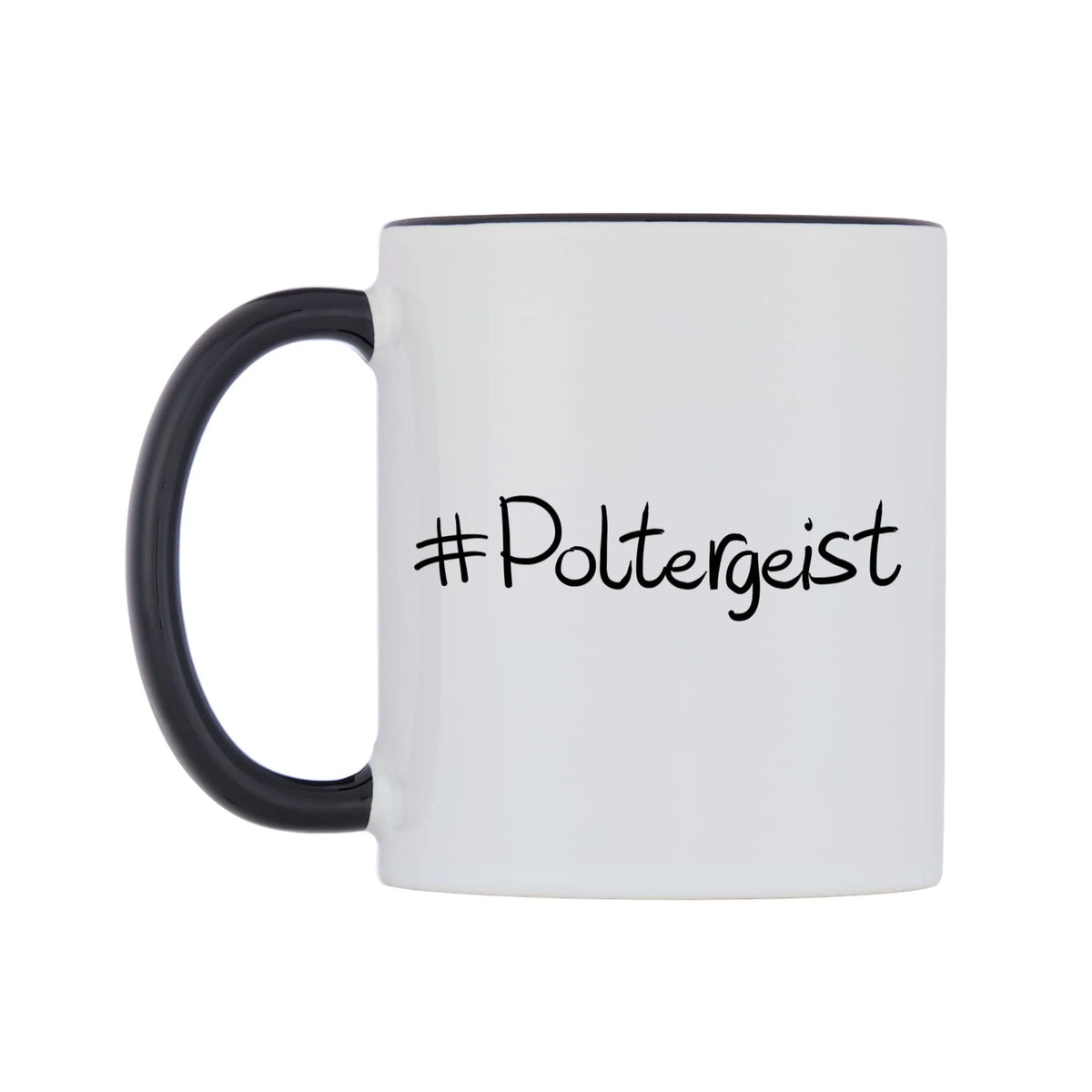 Poltergeist Mug — white 11oz gloss mug with a black inside and handle, right side, on a white background