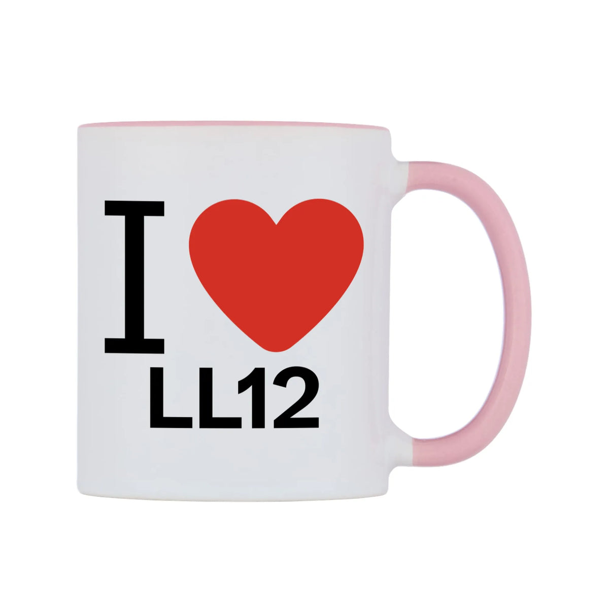 I Love LL12 Mug — white 11oz gloss mug with a pink inside and handle, left side, on a white background