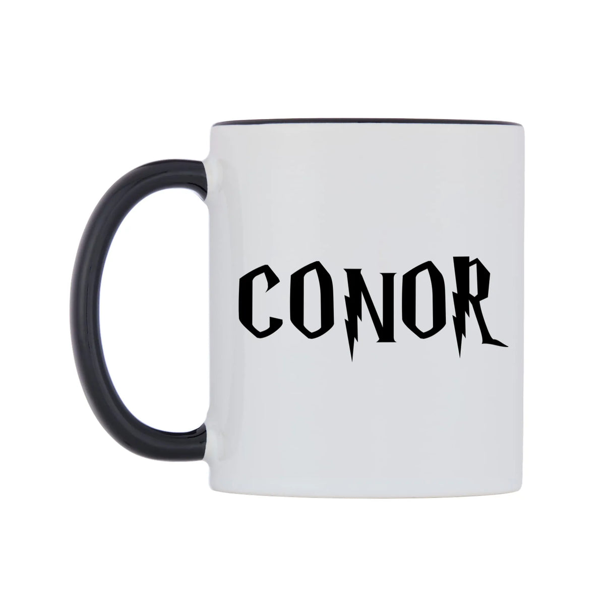 Conor - Wizard Themed Mug — white 11oz gloss mug with a black inside and handle, right side, on a white background