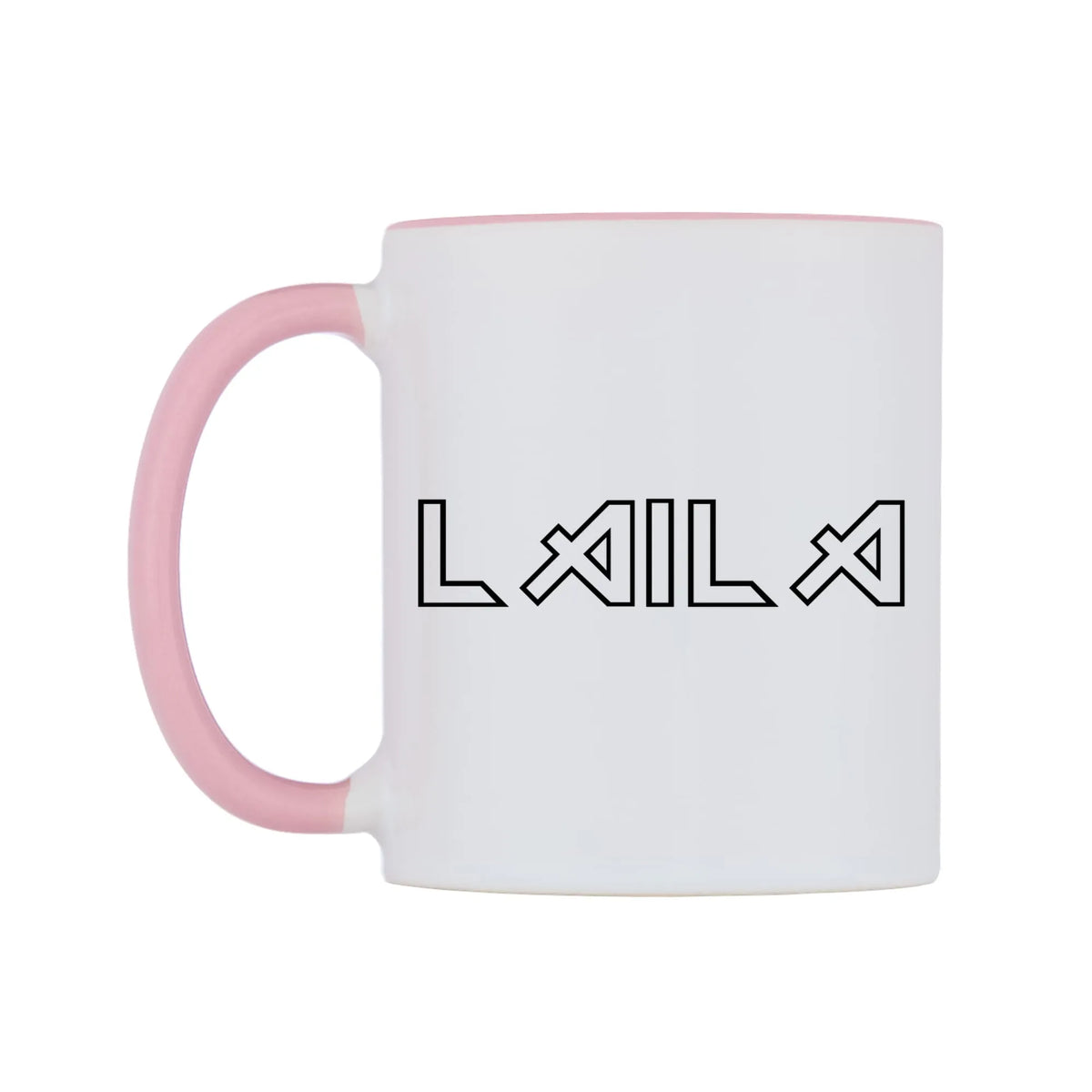 Laila - Iron Maiden Themed Mug — white 11oz gloss mug with a pink inside and handle, right side, on a white background
