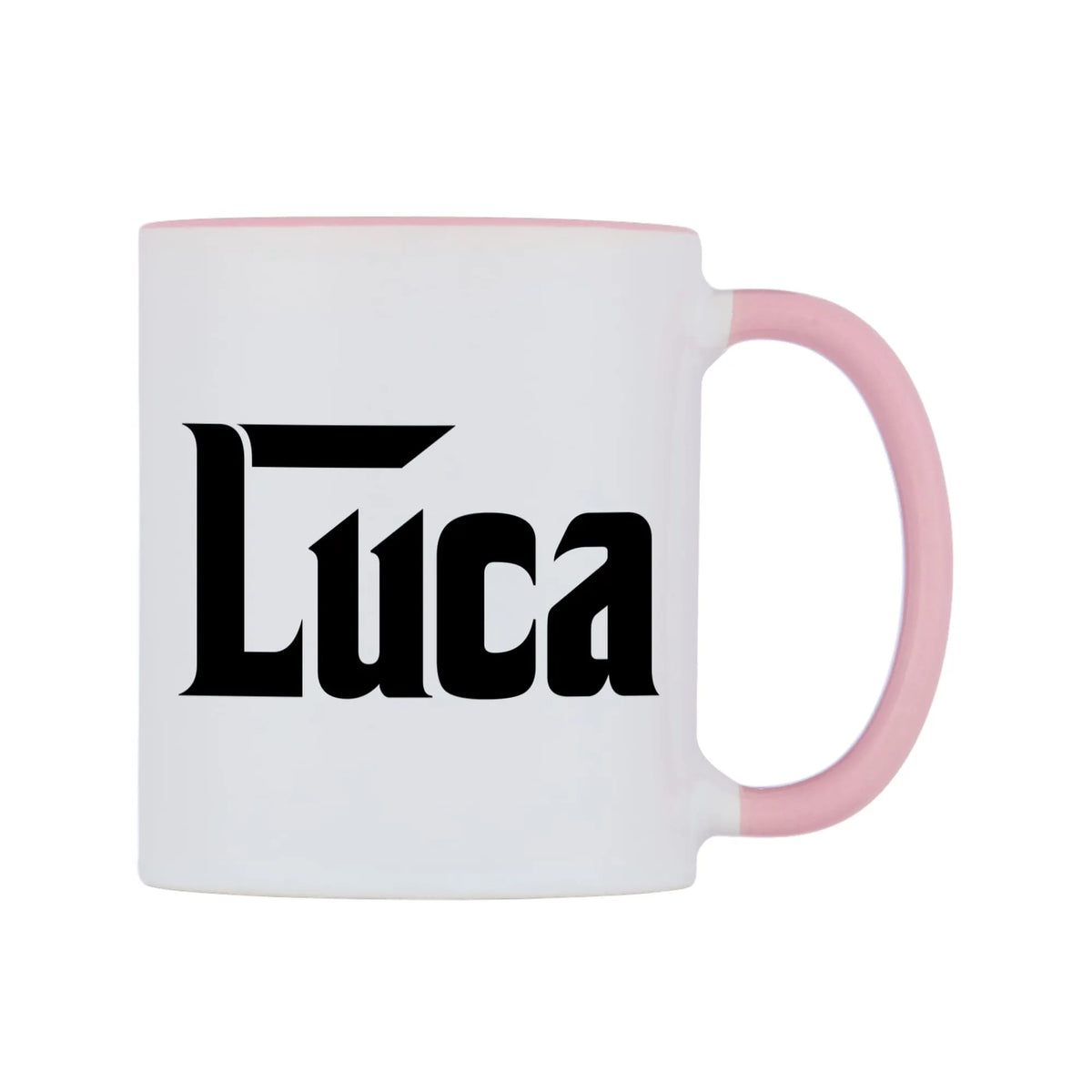 Luca - Godfather Themed Mug — white 11oz gloss mug with a pink inside and handle, left side, on a white background