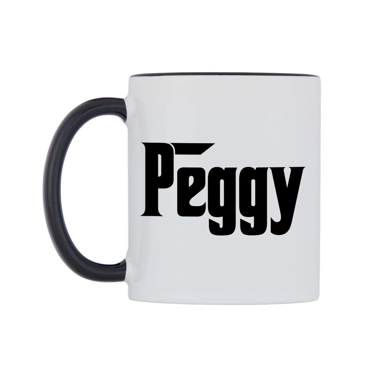Peggy - Godfather Themed Mug — white 11oz gloss mug with a black inside and handle, right side, on a white background