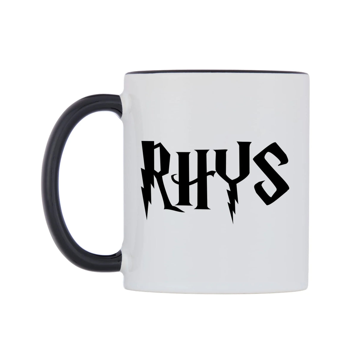 Rhys - Wizard Themed Mug — white 11oz gloss mug with a black inside and handle, right side, on a white background