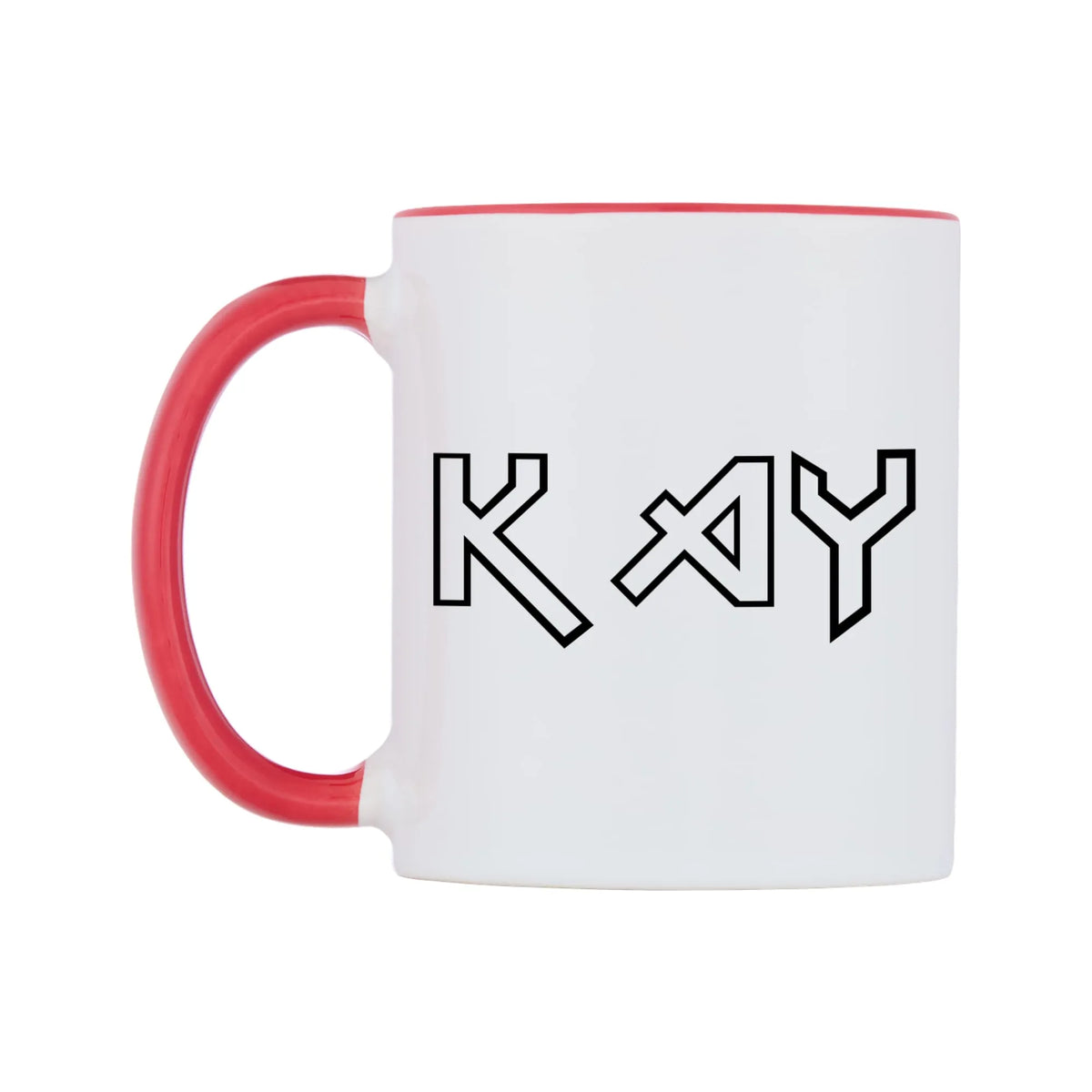 Kay - Iron Maiden Themed Mug — white 11oz gloss mug with a red inside and handle, right side, on a white background