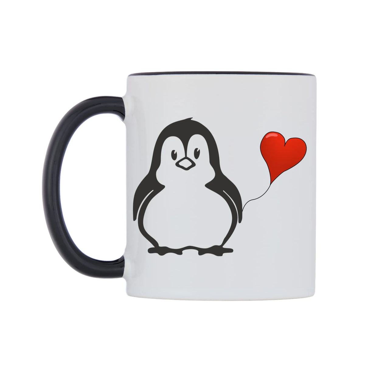 Love Heart Penguin Mug — white 11oz gloss mug with a black inside and handle, right side, on a white background