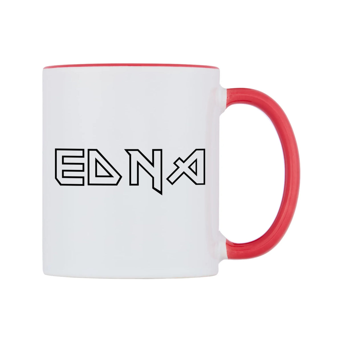 Edna - Iron Maiden Themed Mug — white 11oz gloss mug with a red inside and handle, left side, on a white background