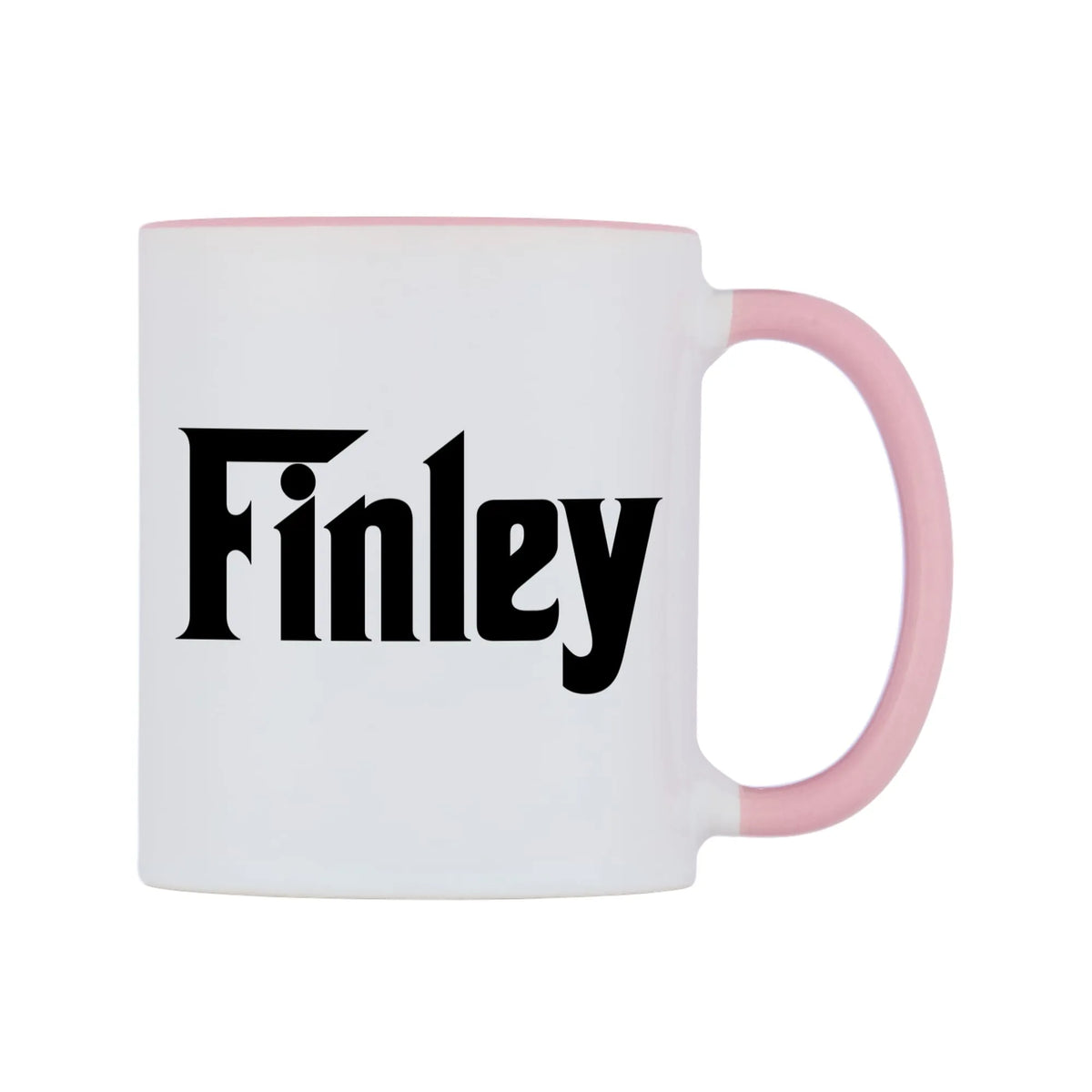 Finley - Godfather Themed Mug — white 11oz gloss mug with a pink inside and handle, left side, on a white background