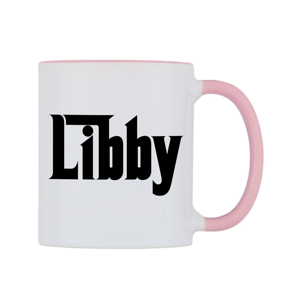 Libby - Godfather Themed Mug — white 11oz gloss mug with a pink inside and handle, left side, on a white background