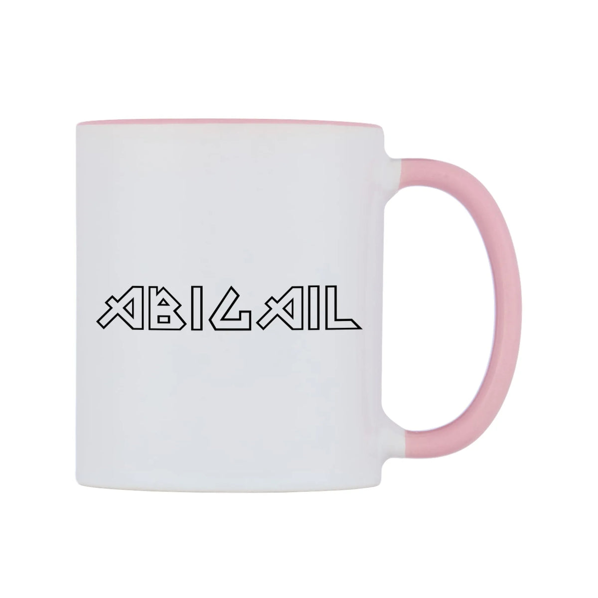 Abigail - Iron Maiden Themed Mug — white 11oz gloss mug with a pink inside and handle, left side, on a white background