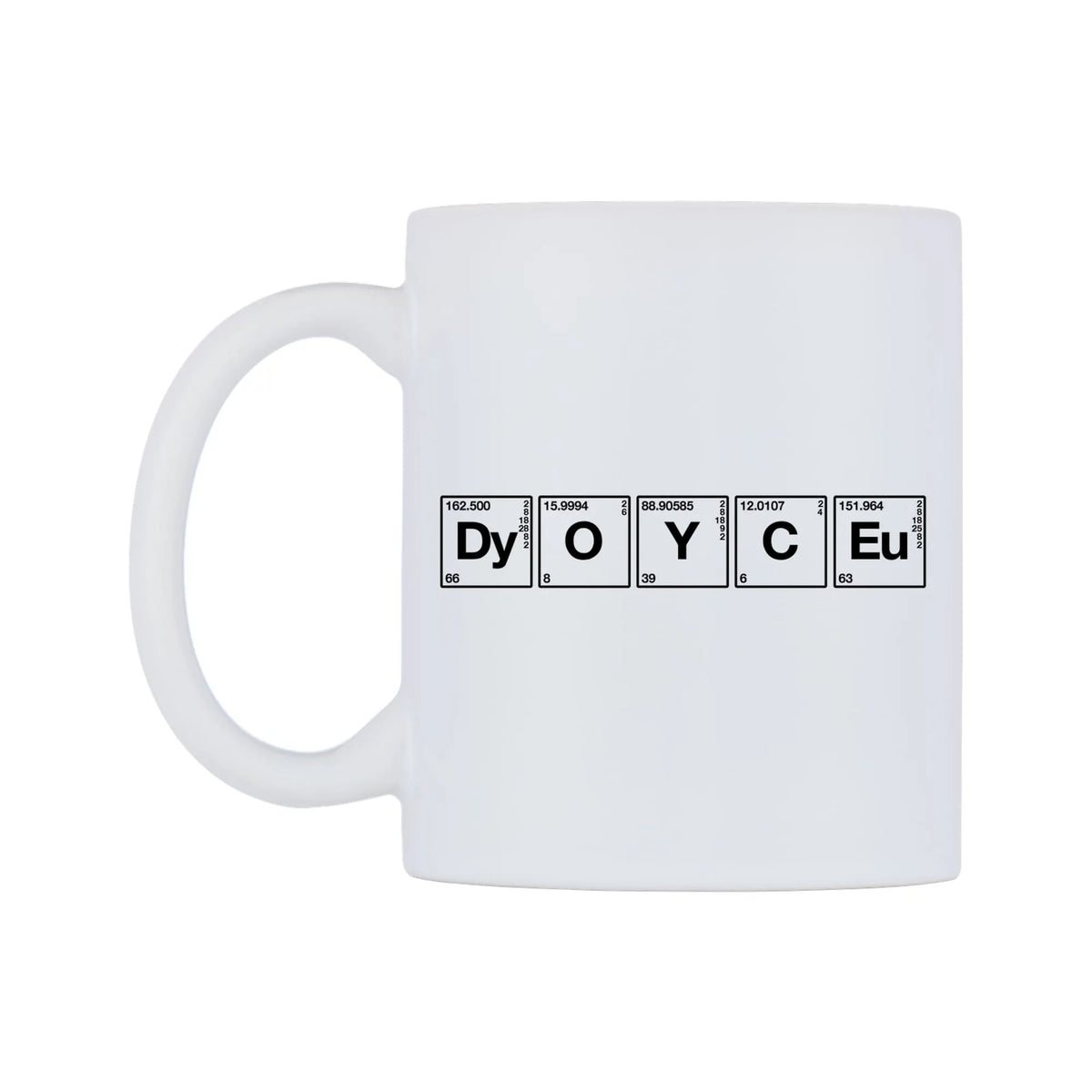 Joyce - Chemistry Themed Mug — mug, right side, on a white background