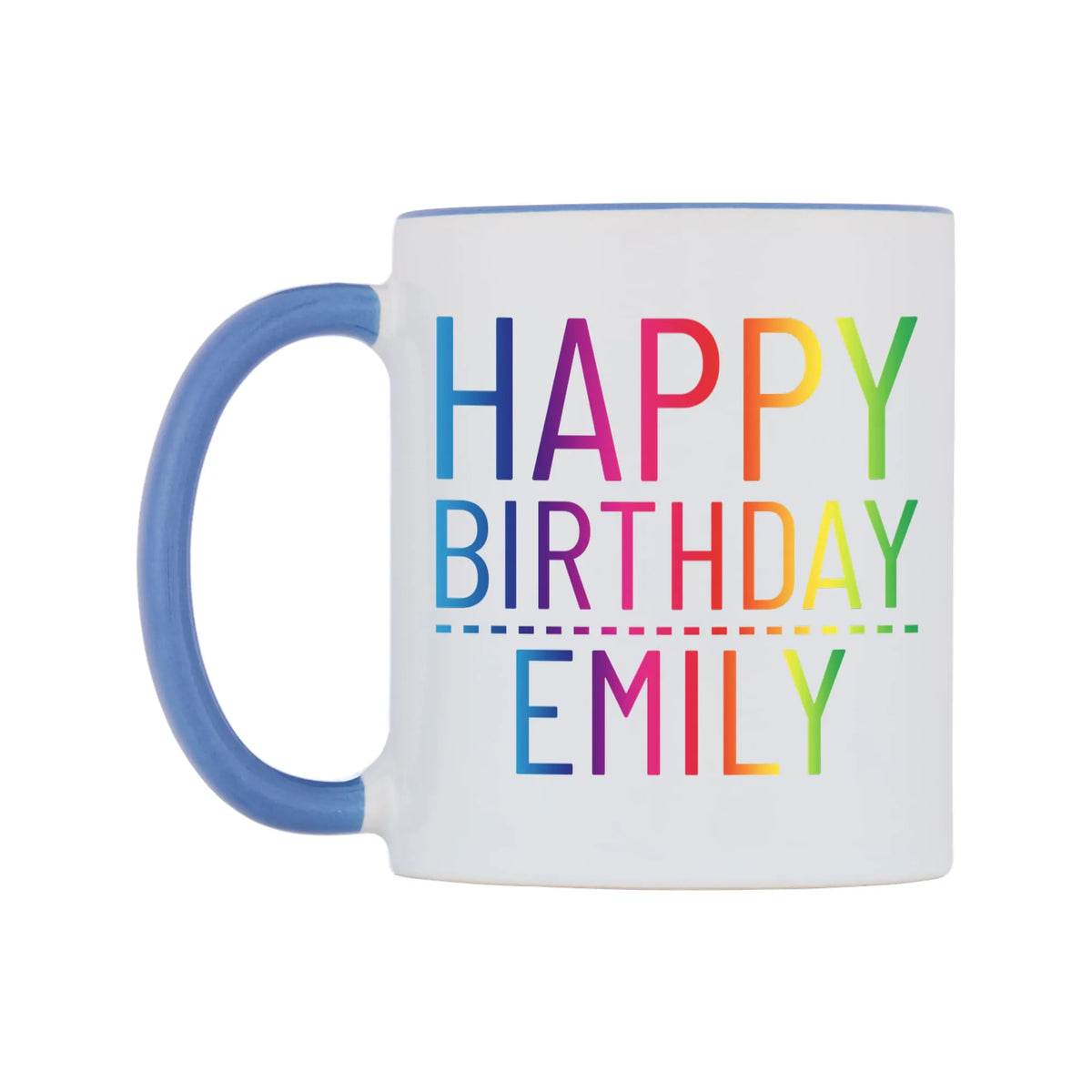 Personalised Happy Birthday (Rainbow) Mug — white 11oz gloss mug with a cambridge blue inside and handle, right side, on a white background