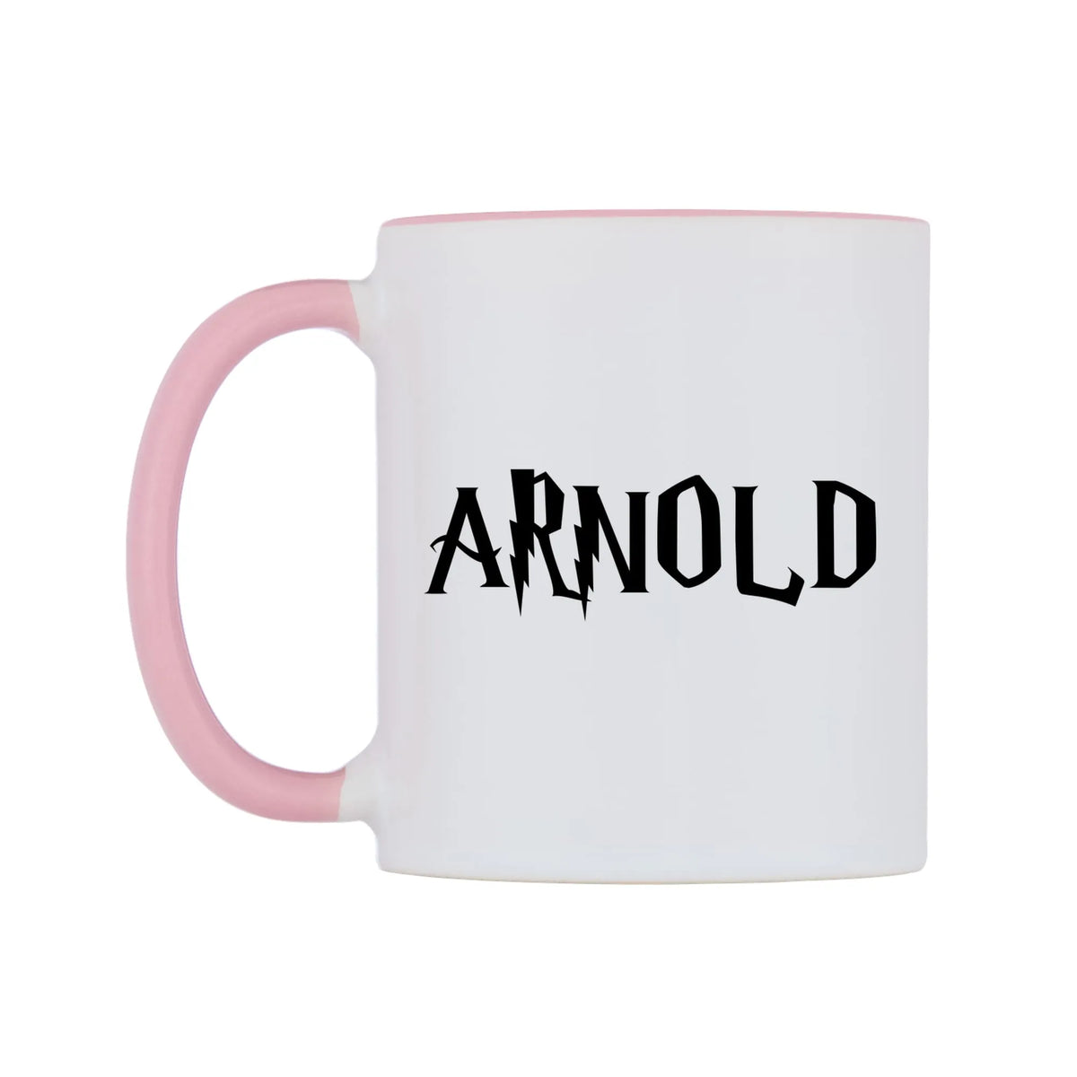 Arnold - Wizard Themed Mug — white 11oz gloss mug with a pink inside and handle, right side, on a white background