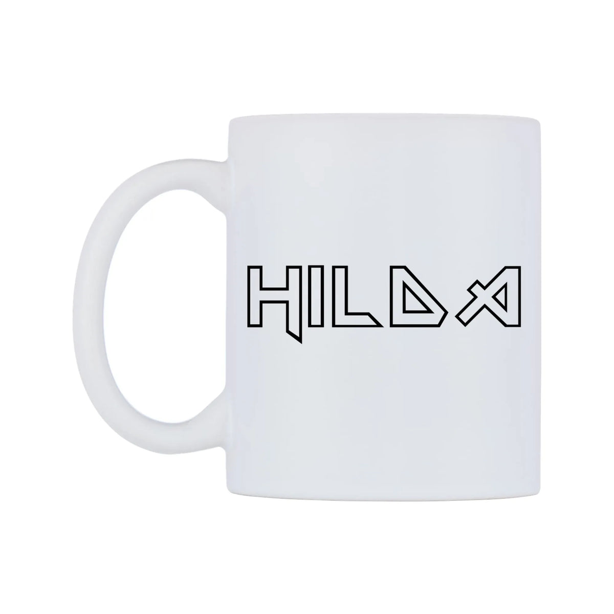 Hilda - Iron Maiden Themed Mug — white 11oz gloss mug, right side, on a white background
