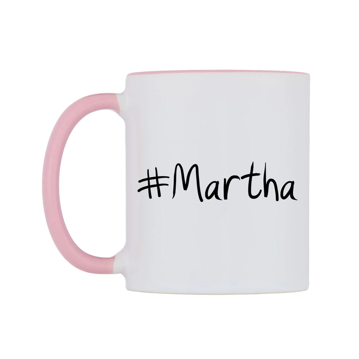Martha Mug — white 11oz gloss mug with a pink inside and handle, right side, on a white background