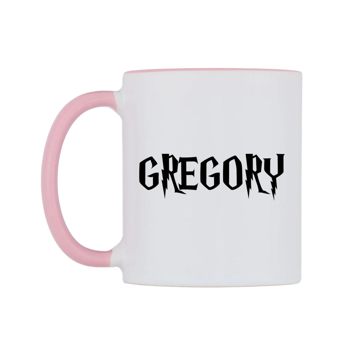 Gregory - Wizard Themed Mug — white 11oz gloss mug with a pink inside and handle, right side, on a white background