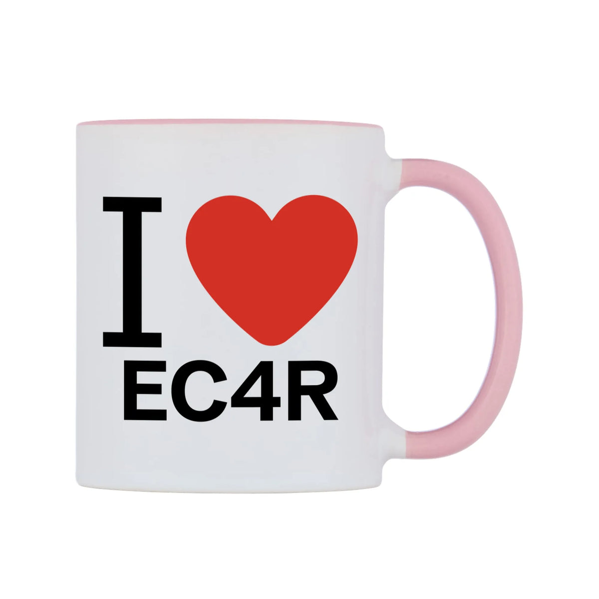 I Love EC4R Mug — white 11oz gloss mug with a pink inside and handle, left side, on a white background